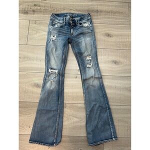 American Eagle Artist Flare Y2k Low Rise Distressed Jeans Blue Size 6 X-Long